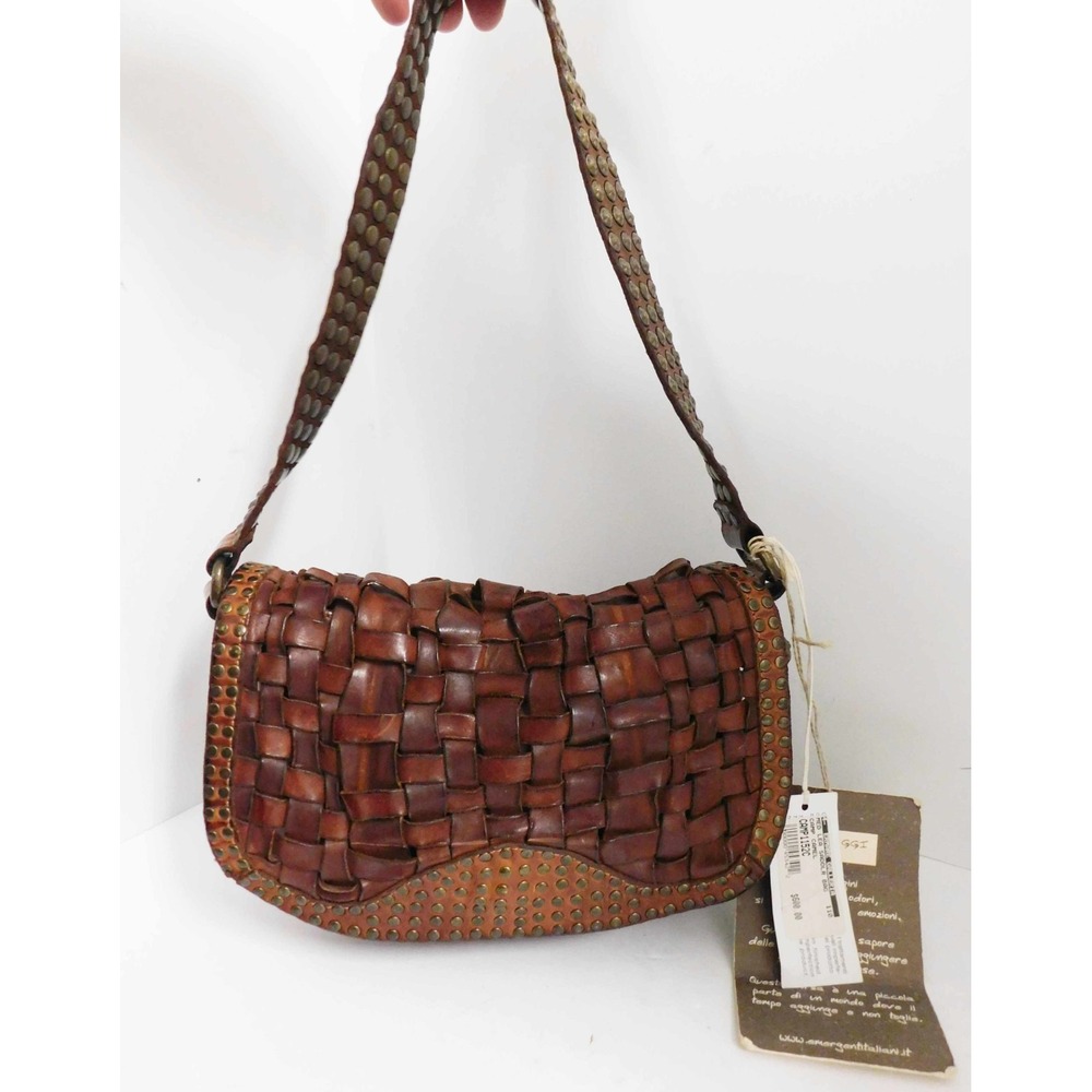 Campomaggi Brown Leather Woven Leather Studded Shoulder Bag Italy $600rt